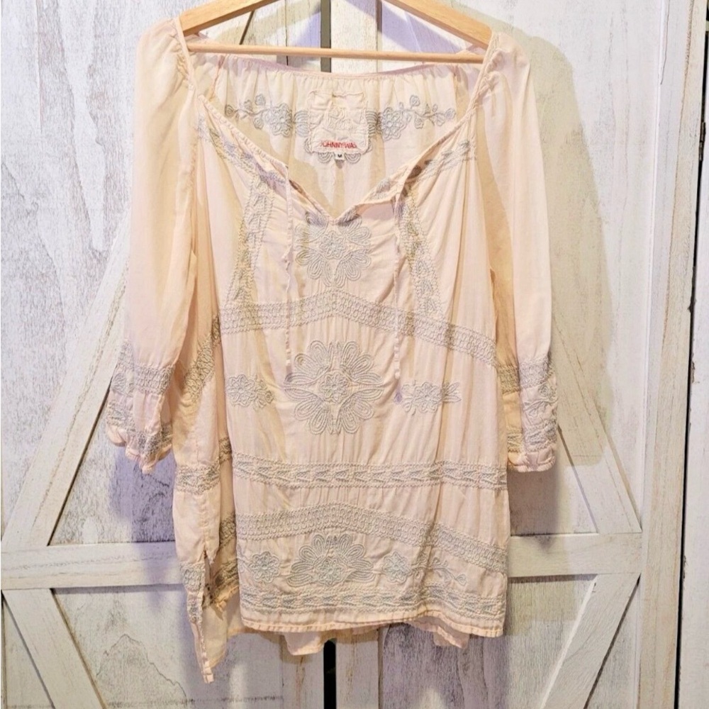 Johnny Was 3J Workshop Embroidered Cotton Peasant Tunic Baby Pink Medium